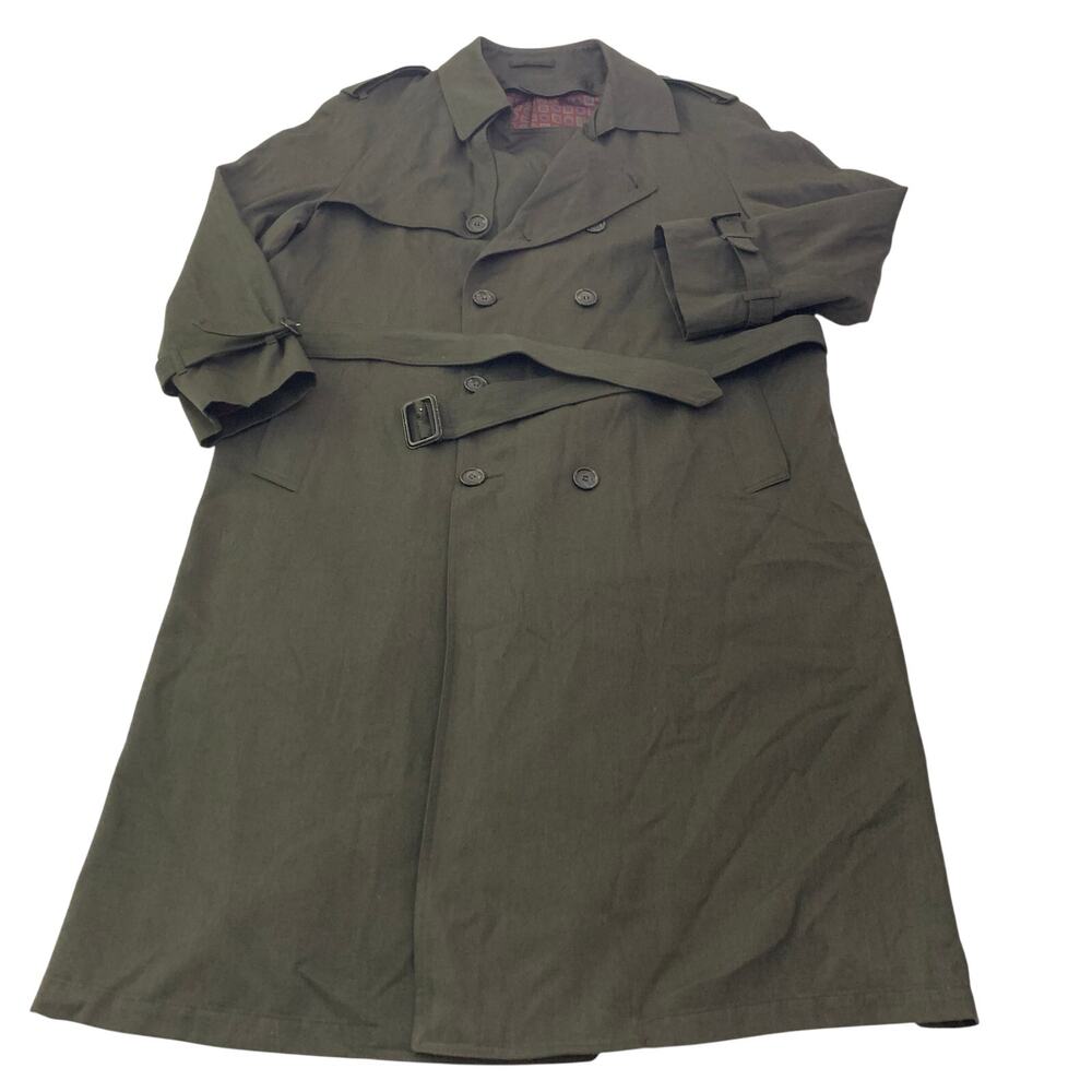 London Fog Mens Trench Coat 44 Reg Olive Green Lined Double Breasted Old Money - Picture 2 of 16